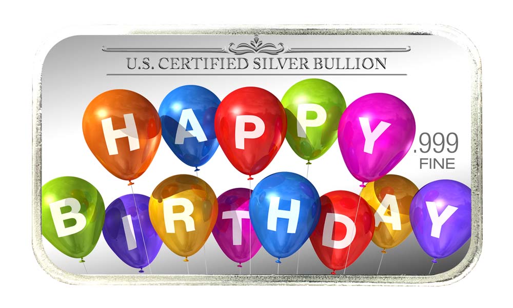Birthday Silver Bar, Balloons Spelling 'Happy Birthday' in Color; U.S. Certified Silver Bullion, .999 Fine
