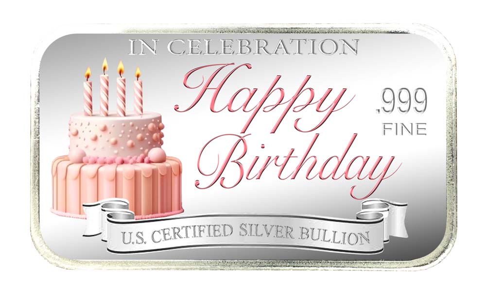 Birthday Silver Bar, Tower Birthday Cake with 'In Celebration' and 'Happy Birthday' in Color; U.S. Certified Silver Bullion, .999 Fine