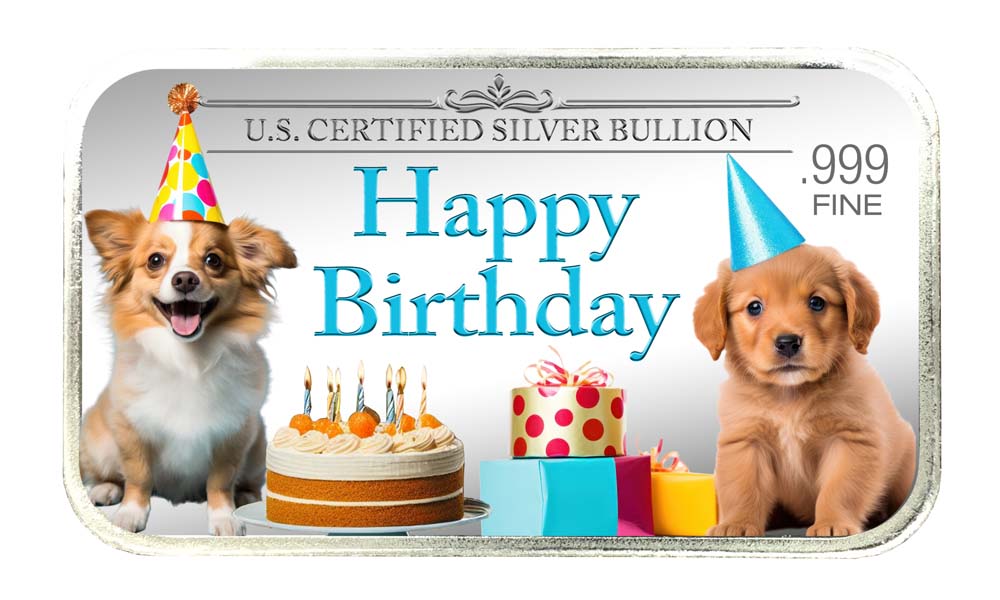 Birthday Silver Bar, Puppy Party with Cake and Gifts and 'Happy Birthday' in Color; U.S. Certified Silver Bullion, .999 Fine