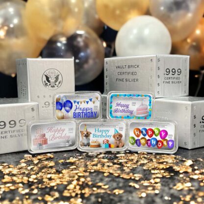 Full Set of 5 Birthday Bars in Color; Balloon, Puppy Party, In Celebration, Birthday Cake, and Birthday Banner; U.S. Certified Silver Bullion, .999 Fine