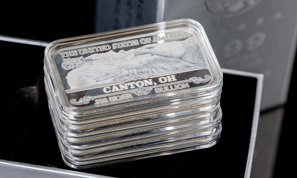 'Customized' City Silver Bars, Stack of 5 in Vault Brick Box, .999 Fine Silver