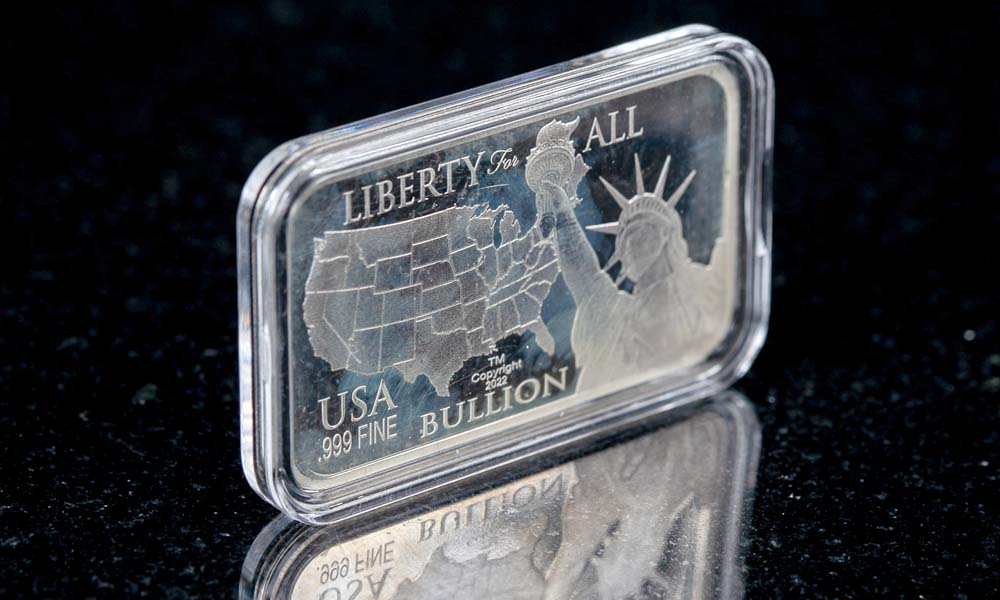 'Customized' City Silver Bars, Reverse Side with "Liberty for All" and Map of USA with Statue of Liberty, .999 Fine Silver