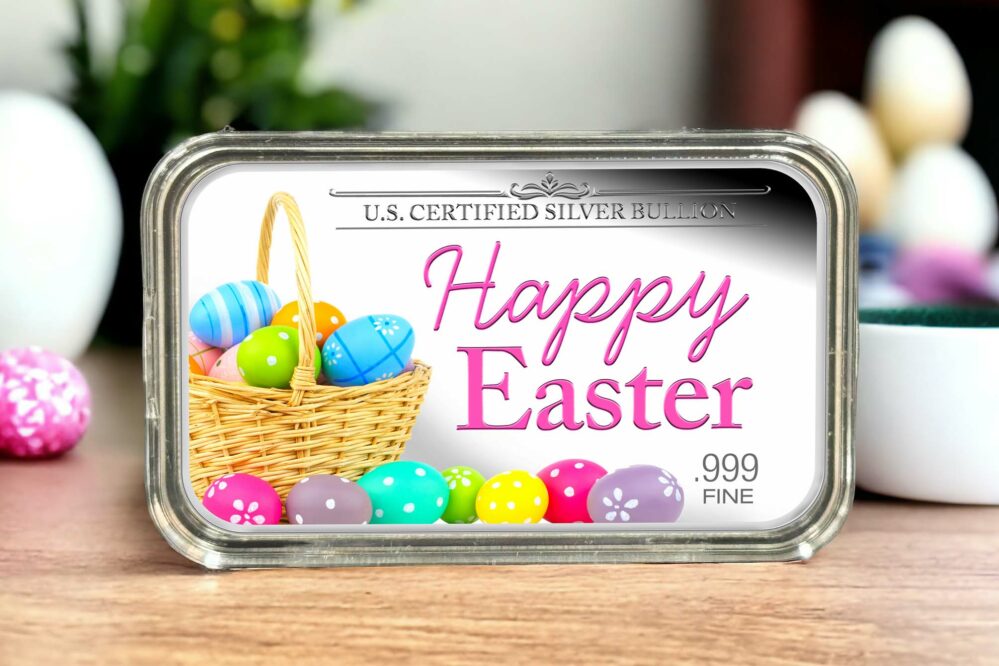 "Happy Easter" with Colorized Easter Eggs, US Certified Silver Bullion, .999 Fine