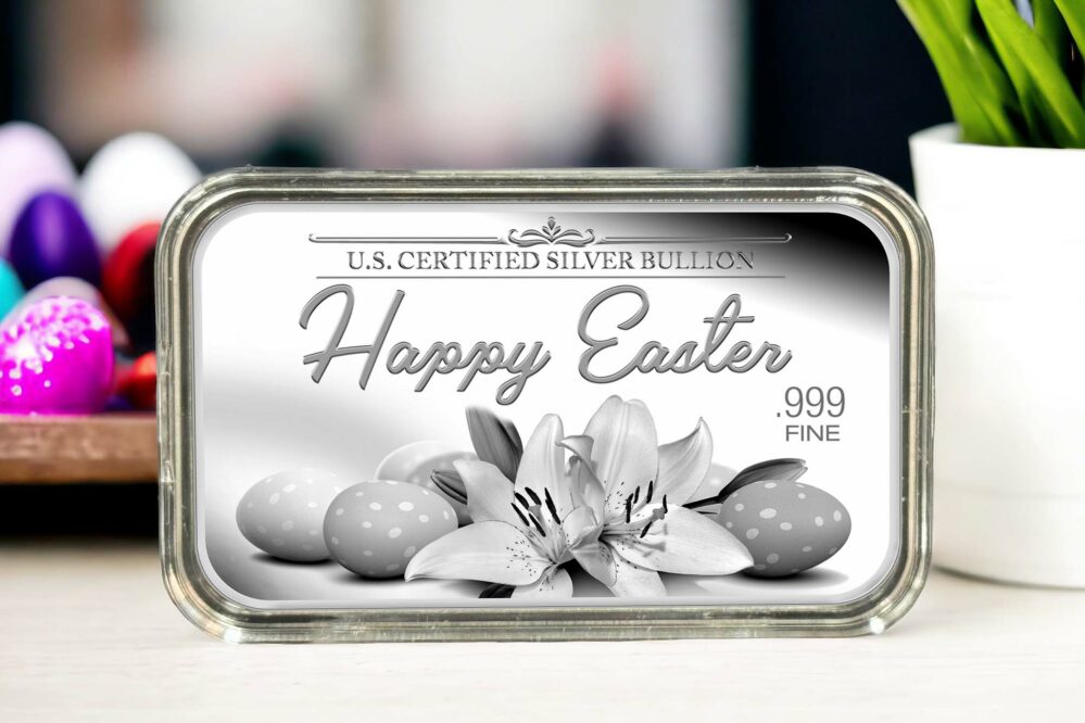 "Happy Easter" with Easter Eggs & Lilies, US Certified Silver Bullion, .999 Fine