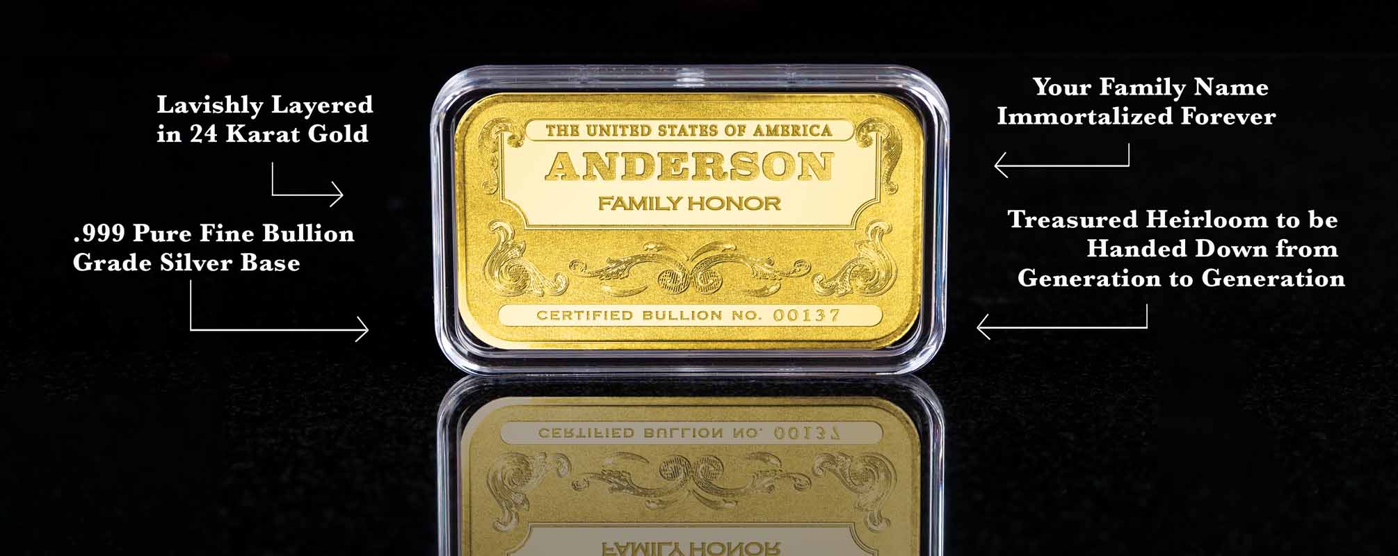 'Personalized Name' Family Honor Gold-Plated Silver Bars, Your Family Name Immortalized Forever, Layered in 24-Karat Gold, .999 Fine Silver Bullion Base, Treasured Heirloom to be Handed Down from Generation to Generation