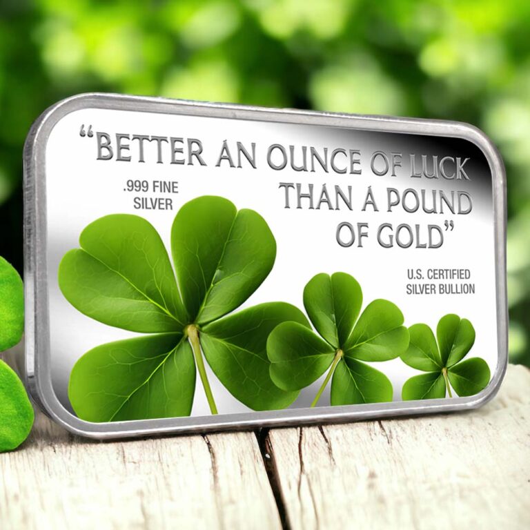 Lucky Silver Bar in Color, "Better an ounce of luck than a pound of gold", .999 Fine Silver, US Certified Silver Bullion