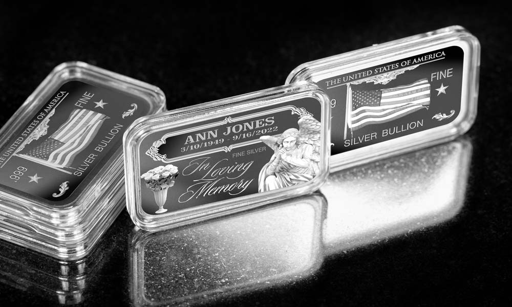 "In Loving Memory" Personalized Memorial Bar with Angel on Obverse, American Flag on Reverse, .999 Fine Silver Bullion