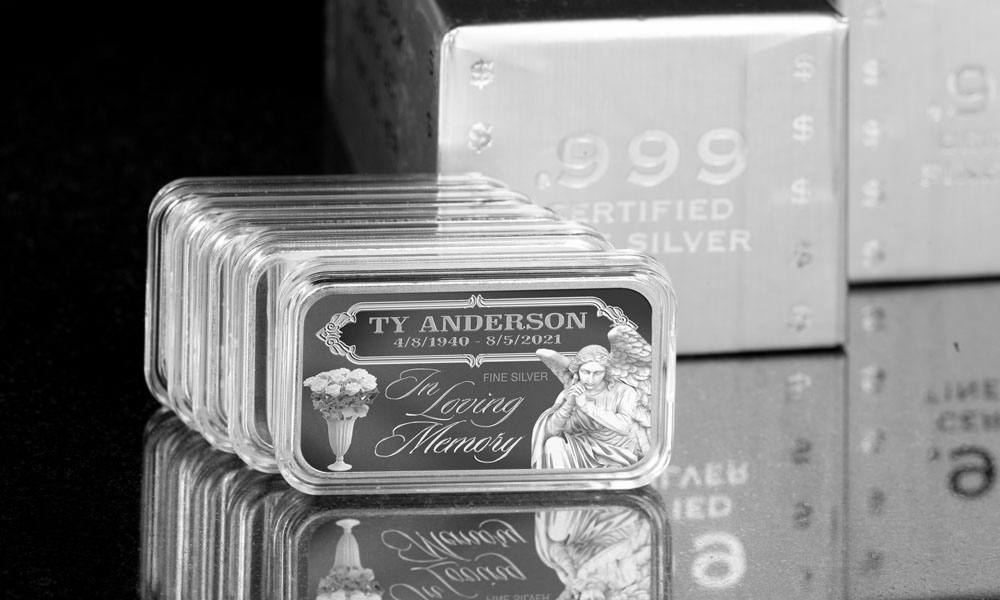 "In Loving Memory" Personalized Memorial Bar with Angel, 'Personalized with Dates', Fine Silver