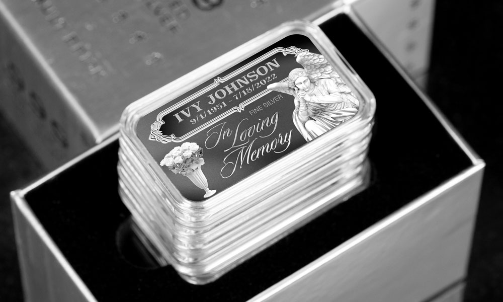 "In Loving Memory" Personalized Memorial Bar with Angel - Front View, Fine Silver