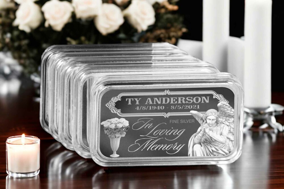 "In Loving Memory" Personalized Memorial Bar with Angel, 'Personalized with Dates', Fine Silver