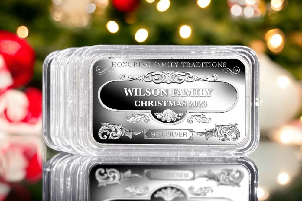 "Honoring Family Traditions", 'Personalized Name' Christmas 2023, Christmas Silver Bar, .999 Silver