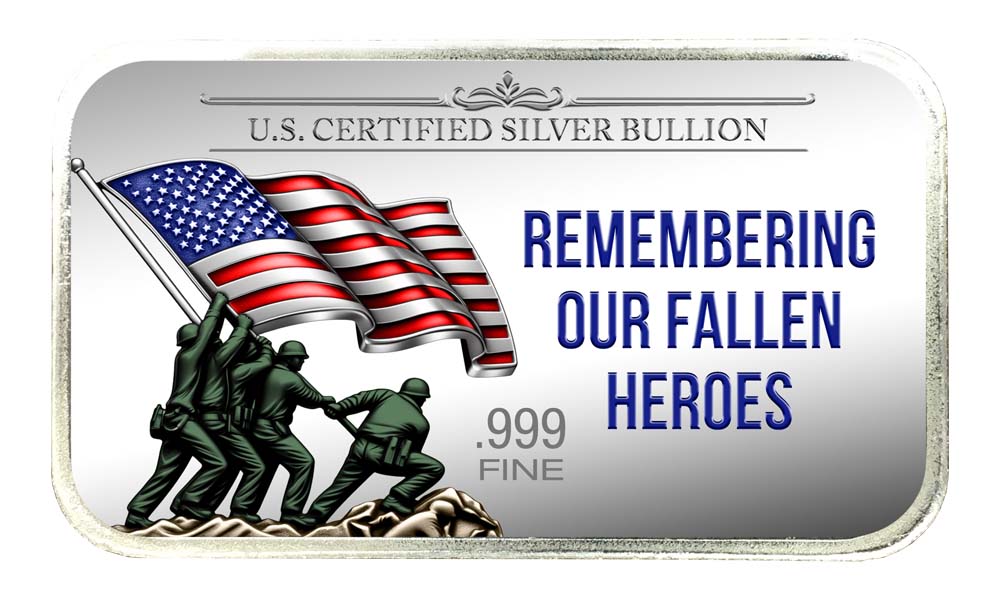 "Remembering Our Fallen Heroes"; Rendering of Iwo Jima Flag Planting; US Certified Silver Bullion, .999 Fine