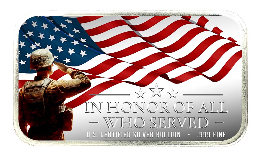 "In Honor of All Who Served"; Soldier Saluting the US Flag; US Certified Silver Bullion, .999 Fine