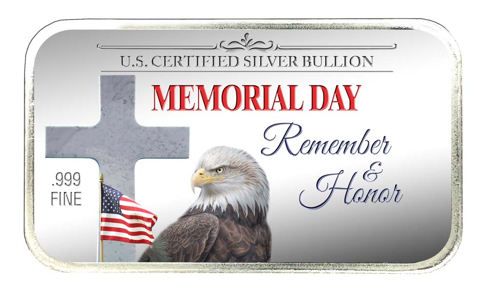 "Memorial Day - Remember & Honor"; Bald Eagle looking at US Flag placed in front of a marble-cross gravestone; US Certified Silver Bullion, .999 Fine