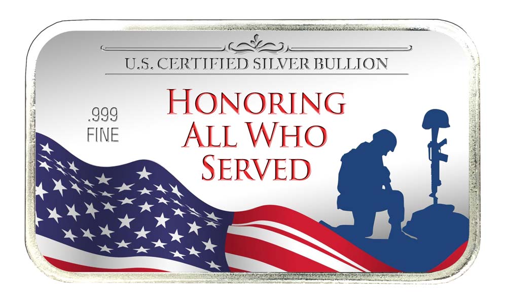 "Honoring All Who Served"; Silhouette of a Soldier Kneeling in front of a battle grave-marker, with a US flag flying; US Certified Silver Bullion, .999 Fine