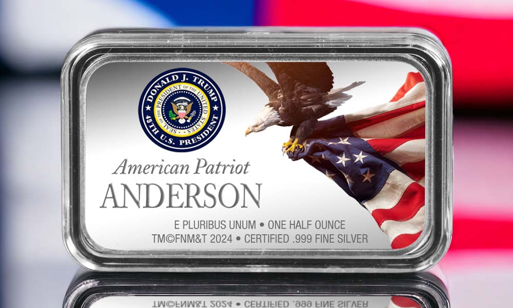 Presidential Seal for 45th President; Eagle flying with an American Flag; "American Patriot - Personalized Name"