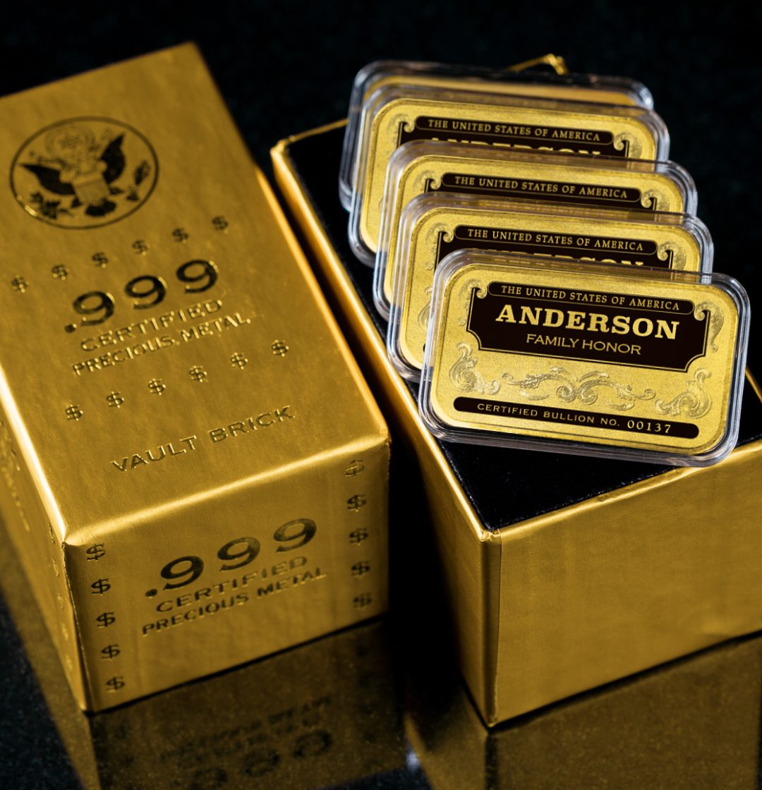 'Personalized Name' Family Honor Gold-Plated Silver Bars, Stack of 5 in Golden Vault Brick Box, Certified 24K Gold-Plated .999 Fine Silver Bullion