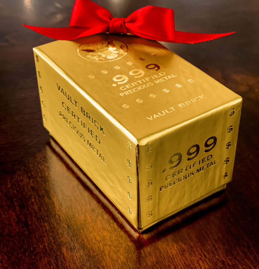 'Personalized Name' Family Honor Gold-Plated Silver Bars, Golden Vault Brick Box with Red Ribbon, Certified 24K Gold-Plated .999 Fine Silver Bullion