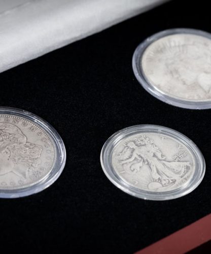 America's Greatest Silver Dollars Set in a wooden display case - Close-Up