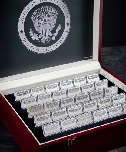 Wooden Display Chest with 30 Personalized Silver Bars, .999 Fine Silver, Left Side View