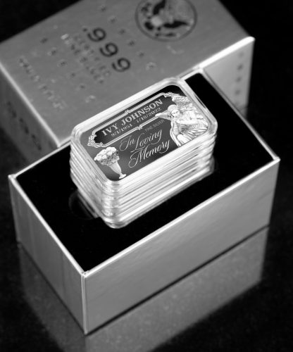 "In Loving Memory" Personalized Memorial Bar with Angel - Back View, Fine Silver